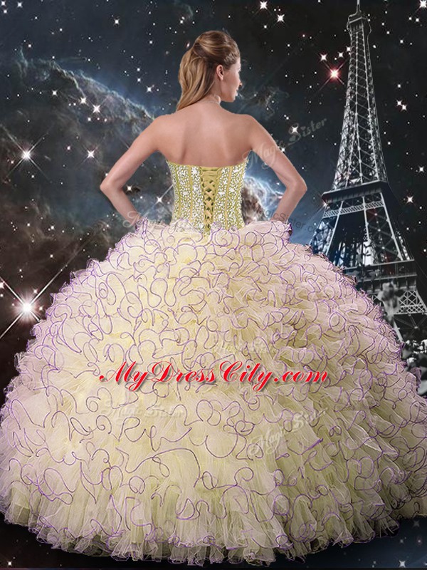 Customized Floor Length Lace Up Quinceanera Gown Light Yellow for Military Ball and Sweet 16 and Quinceanera with Beading and Ruffles