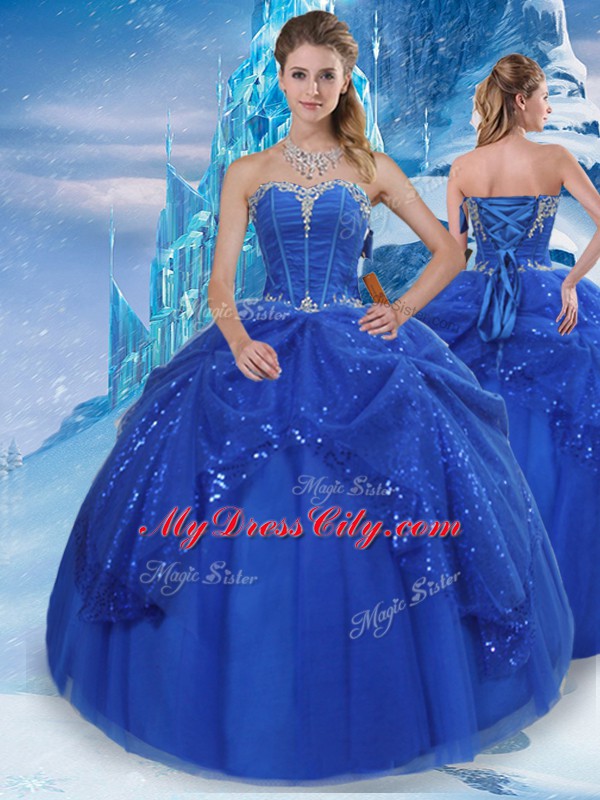 Sweetheart Sleeveless Ball Gown Prom Dress Floor Length Beading and Pick Ups Royal Blue Tulle