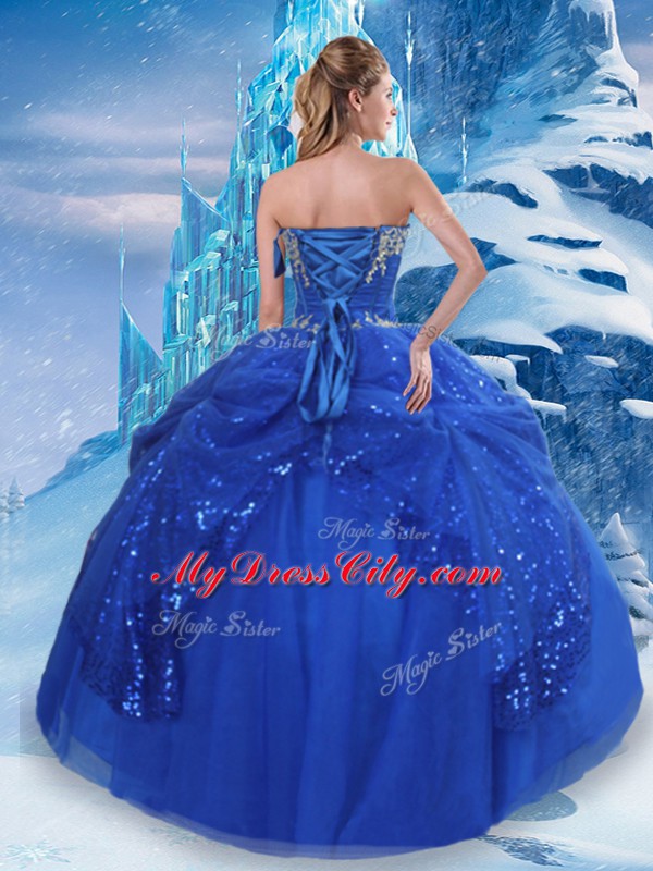 Sweetheart Sleeveless Ball Gown Prom Dress Floor Length Beading and Pick Ups Royal Blue Tulle