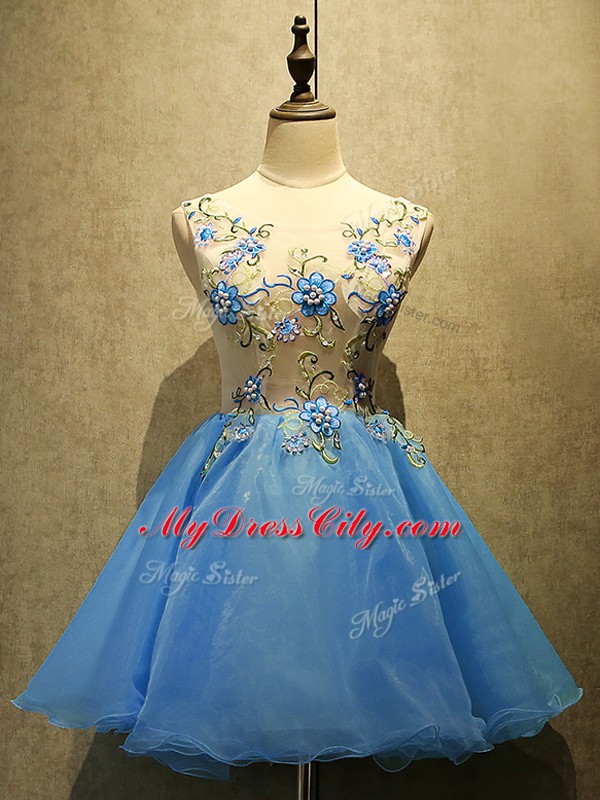 Baby Blue Scoop Neckline Embroidery Prom Party Dress Sleeveless Lace Up