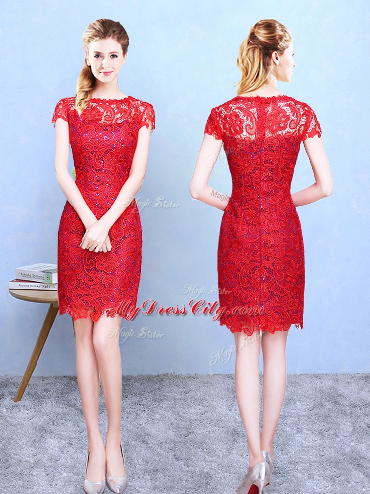 Flare Red Short Sleeves Lace Knee Length Bridesmaid Dresses