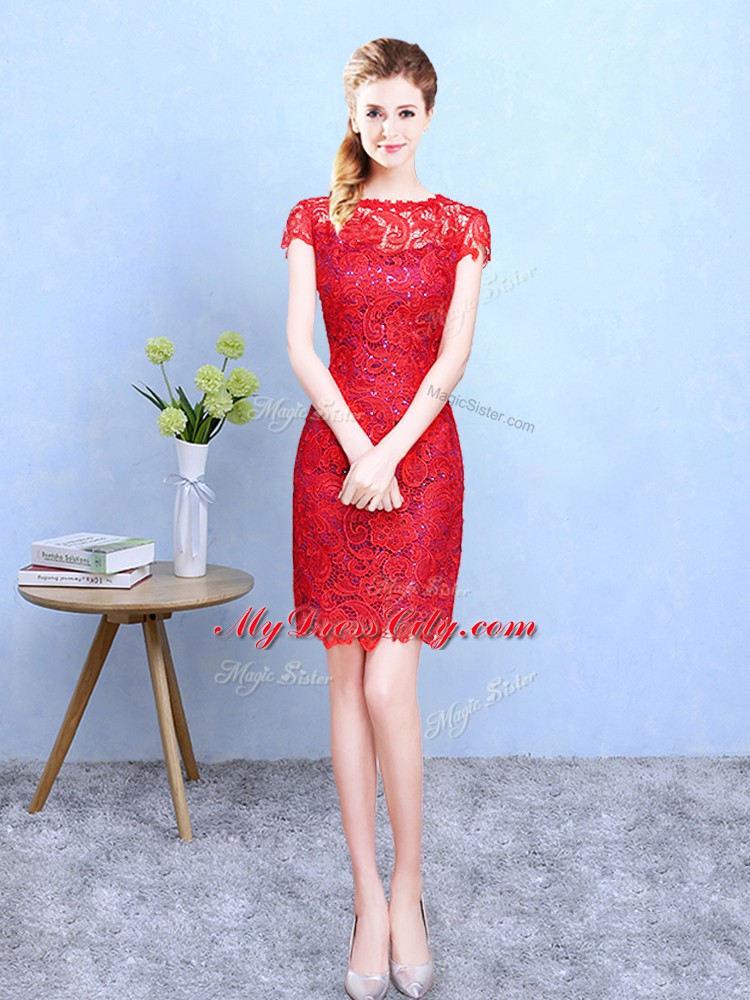 Flare Red Short Sleeves Lace Knee Length Bridesmaid Dresses