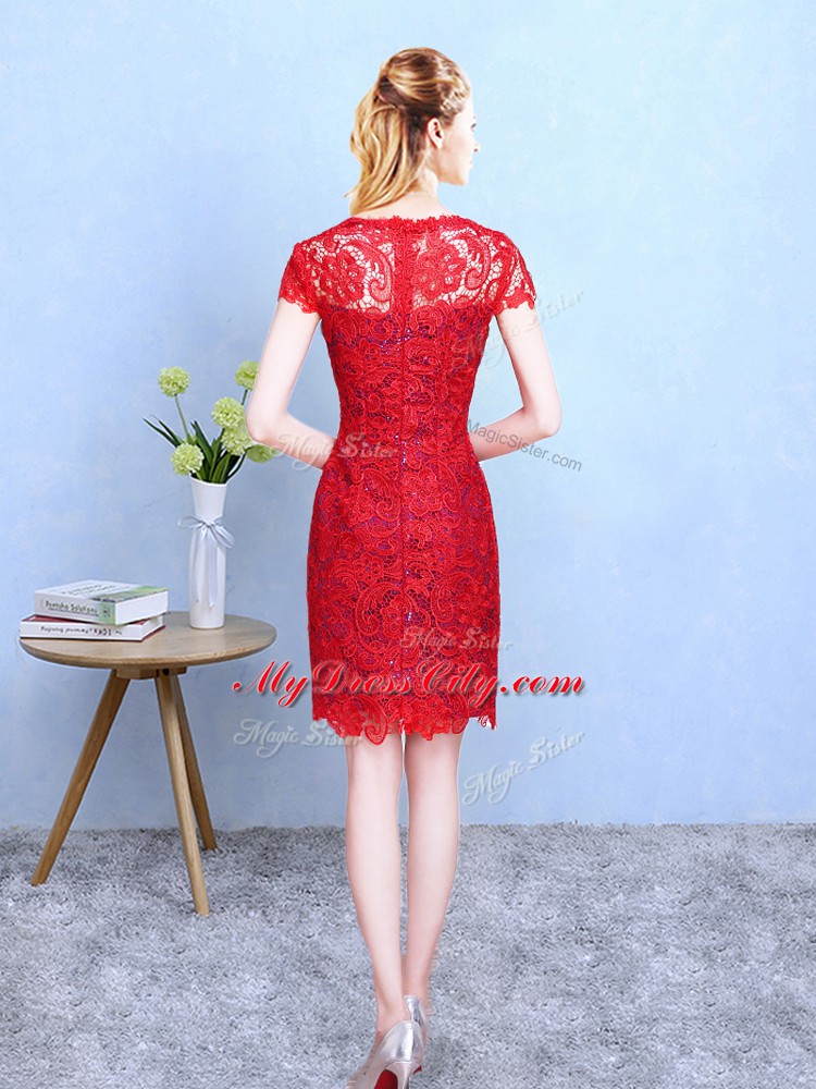 Flare Red Short Sleeves Lace Knee Length Bridesmaid Dresses