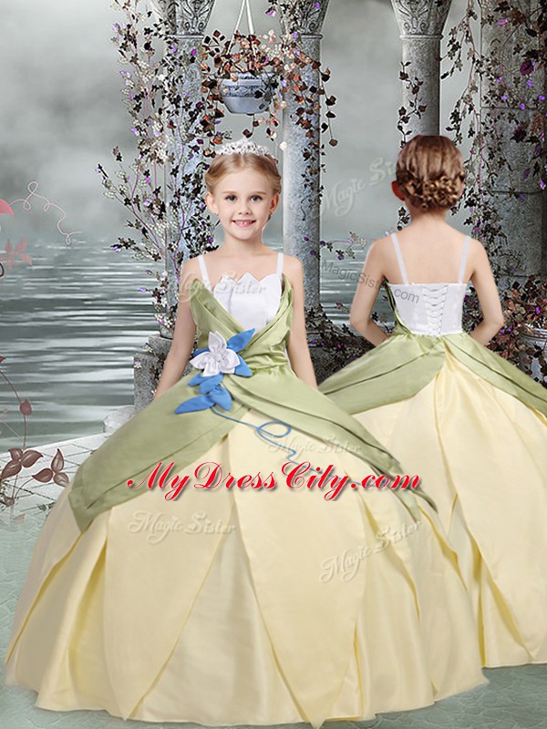 Gorgeous Champagne Ball Gowns Ruching and Hand Made Flower Flower Girl Dresses Lace Up Taffeta Sleeveless Floor Length