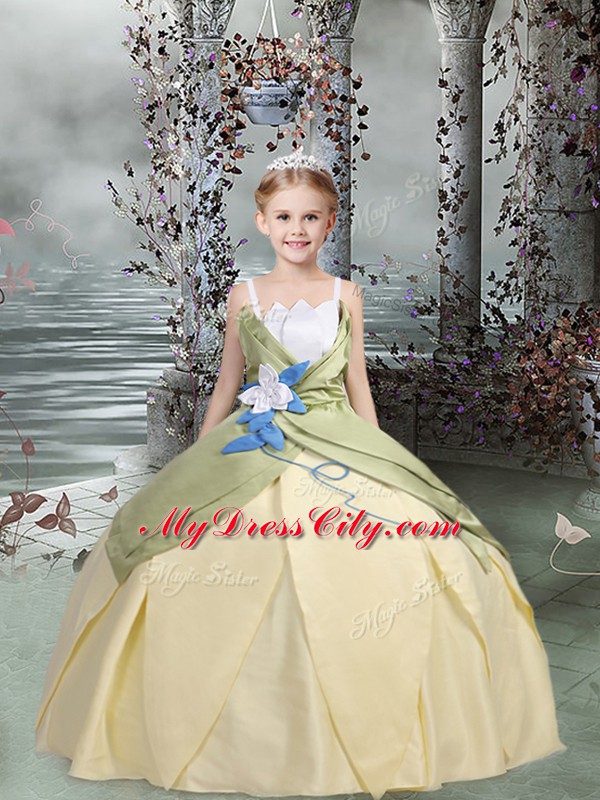 Gorgeous Champagne Ball Gowns Ruching and Hand Made Flower Flower Girl Dresses Lace Up Taffeta Sleeveless Floor Length