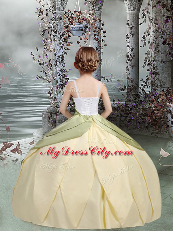 Gorgeous Champagne Ball Gowns Ruching and Hand Made Flower Flower Girl Dresses Lace Up Taffeta Sleeveless Floor Length