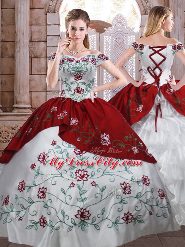 Graceful White And Red Taffeta Lace Up Quinceanera Gowns Sleeveless Floor Length Embroidery and Ruffled Layers