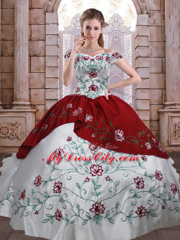 Graceful White And Red Taffeta Lace Up Quinceanera Gowns Sleeveless Floor Length Embroidery and Ruffled Layers