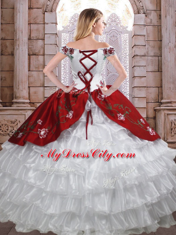 Graceful White And Red Taffeta Lace Up Quinceanera Gowns Sleeveless Floor Length Embroidery and Ruffled Layers