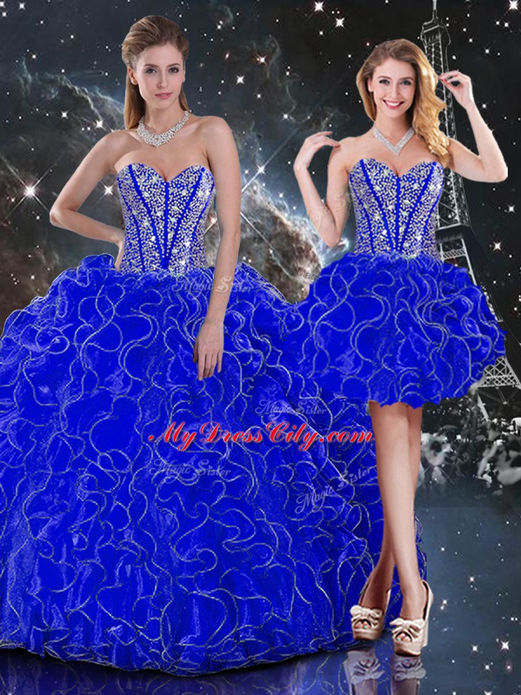 Cute Royal Blue Ball Gowns Beading and Ruffles Sweet 16 Dress Lace Up Organza Sleeveless Floor Length