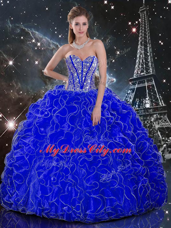 Cute Royal Blue Ball Gowns Beading and Ruffles Sweet 16 Dress Lace Up Organza Sleeveless Floor Length