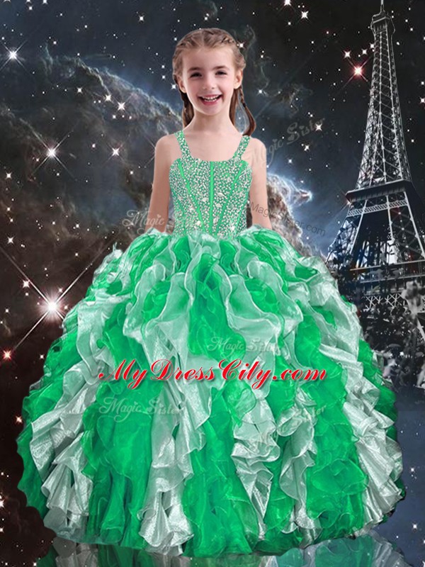 Green Organza Lace Up Straps Sleeveless Floor Length Pageant Gowns For Girls Beading and Ruffles