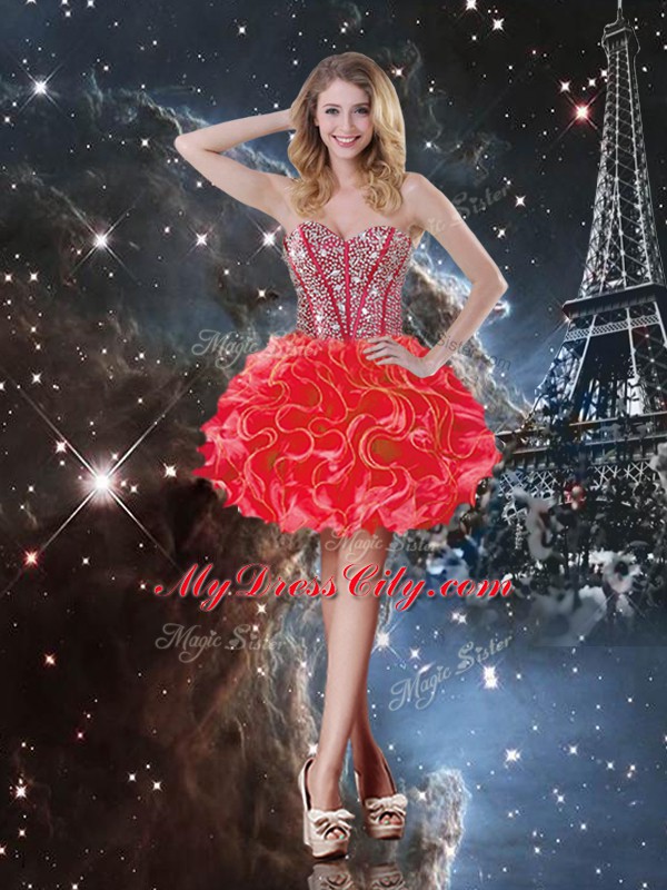 Discount Coral Red Sweetheart Lace Up Beading and Ruffles Quinceanera Dress Sleeveless