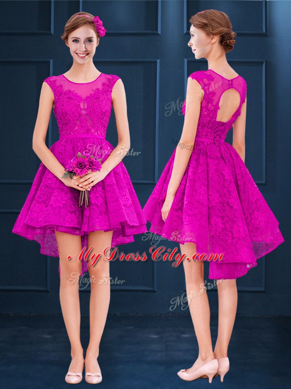 Fashion Scoop Sleeveless Lace Up Vestidos de Damas Fuchsia Satin and Tulle