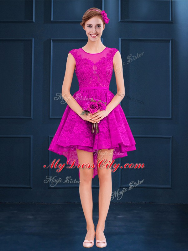 Fashion Scoop Sleeveless Lace Up Vestidos de Damas Fuchsia Satin and Tulle