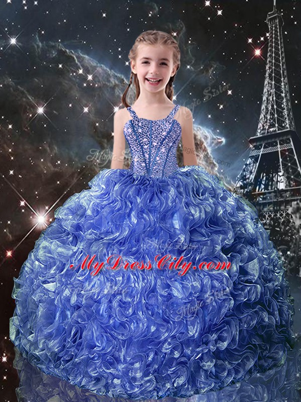 Floor Length Blue High School Pageant Dress Organza Sleeveless Beading and Ruffles