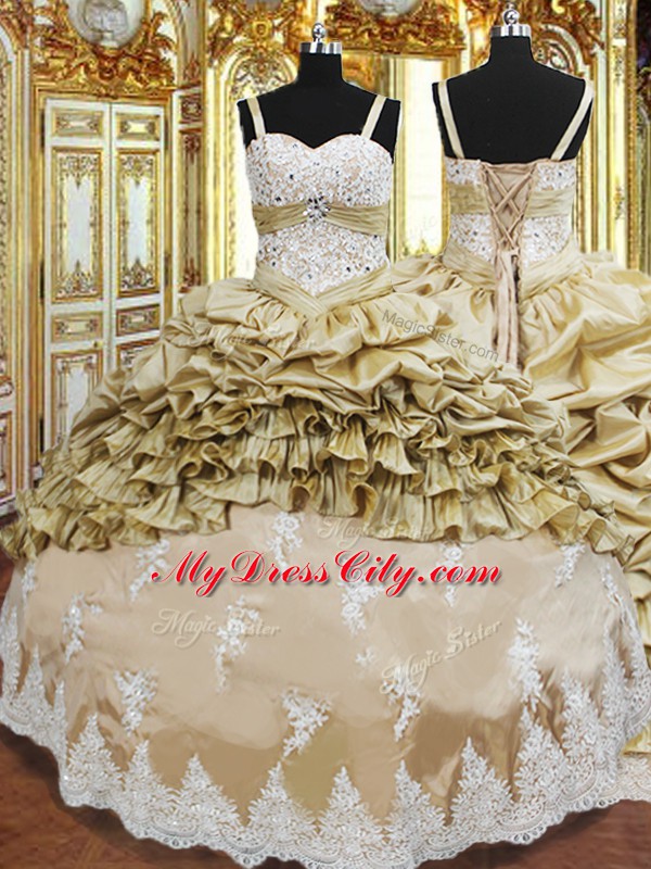 Sleeveless Floor Length Beading and Appliques and Ruffled Layers and Pick Ups Lace Up Ball Gown Prom Dress with Champagne