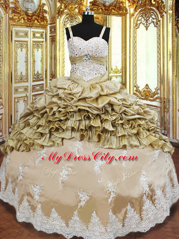 Sleeveless Floor Length Beading and Appliques and Ruffled Layers and Pick Ups Lace Up Ball Gown Prom Dress with Champagne