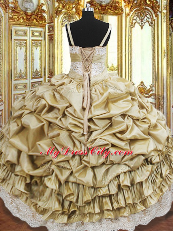 Sleeveless Floor Length Beading and Appliques and Ruffled Layers and Pick Ups Lace Up Ball Gown Prom Dress with Champagne