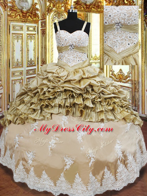 Sleeveless Floor Length Beading and Appliques and Ruffled Layers and Pick Ups Lace Up Ball Gown Prom Dress with Champagne