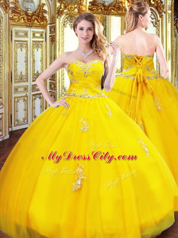 Sleeveless Organza Floor Length Lace Up Sweet 16 Dress in Gold with Beading and Appliques