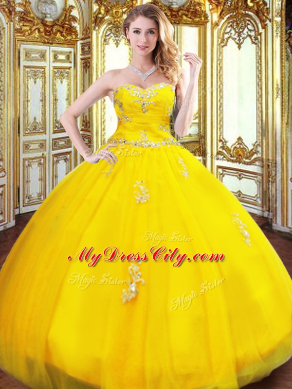 Sleeveless Organza Floor Length Lace Up Sweet 16 Dress in Gold with Beading and Appliques