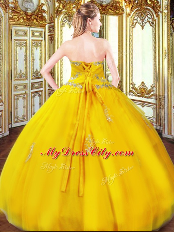 Sleeveless Organza Floor Length Lace Up Sweet 16 Dress in Gold with Beading and Appliques