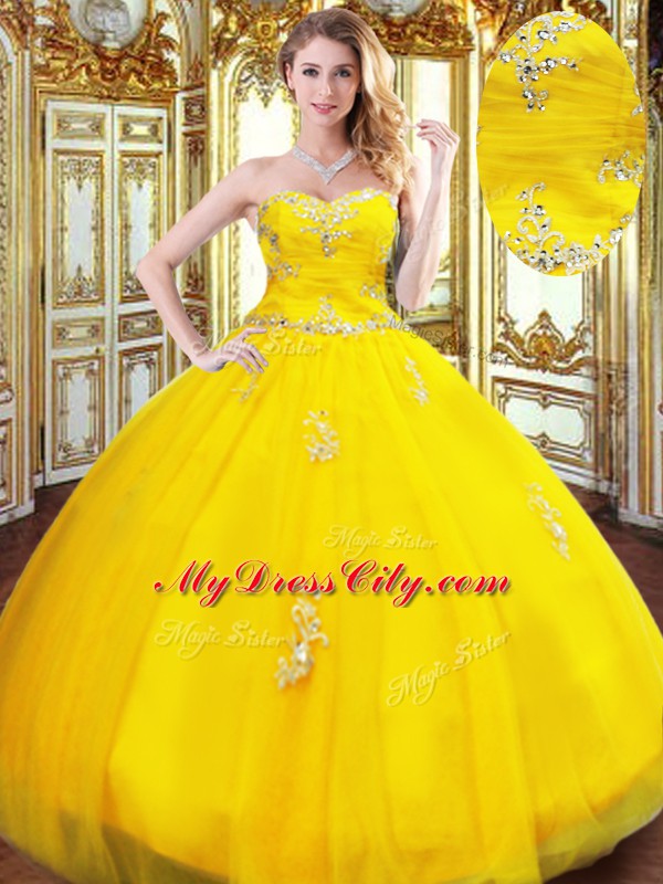 Sleeveless Organza Floor Length Lace Up Sweet 16 Dress in Gold with Beading and Appliques