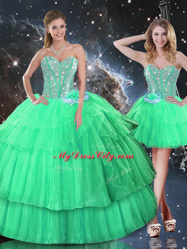 Flirting Floor Length Lace Up Sweet 16 Dress Apple Green for Military Ball and Sweet 16 and Quinceanera with Ruffled Layers and Sequins