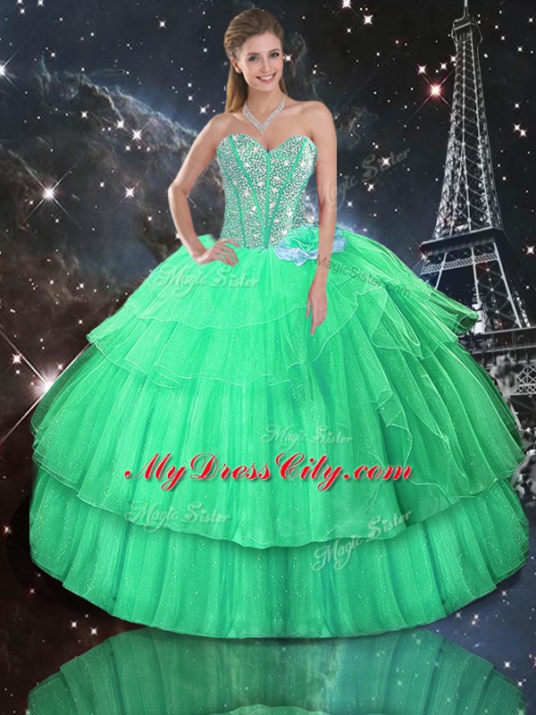 Flirting Floor Length Lace Up Sweet 16 Dress Apple Green for Military Ball and Sweet 16 and Quinceanera with Ruffled Layers and Sequins