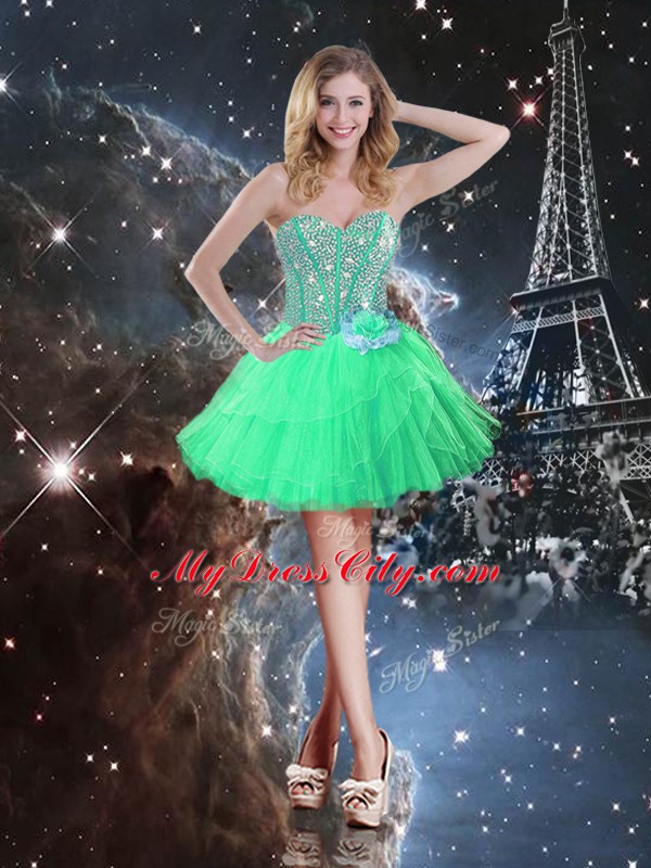 Flirting Floor Length Lace Up Sweet 16 Dress Apple Green for Military Ball and Sweet 16 and Quinceanera with Ruffled Layers and Sequins