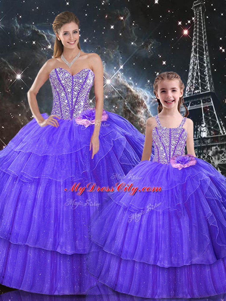 Floor Length Lace Up Quinceanera Gown Purple for Military Ball and Sweet 16 and Quinceanera with Ruffled Layers and Sequins