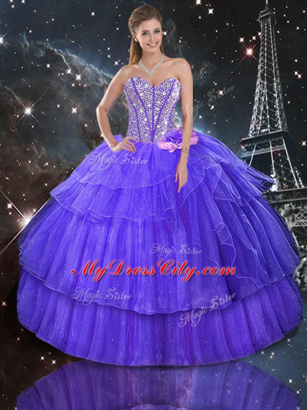 Floor Length Lace Up Quinceanera Gown Purple for Military Ball and Sweet 16 and Quinceanera with Ruffled Layers and Sequins