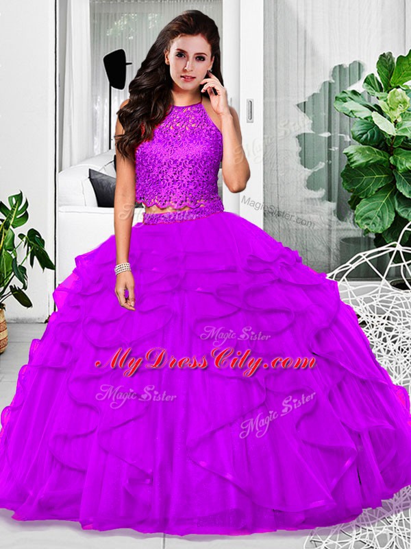 Two Pieces 15th Birthday Dress Eggplant Purple Halter Top Tulle Sleeveless Floor Length Zipper