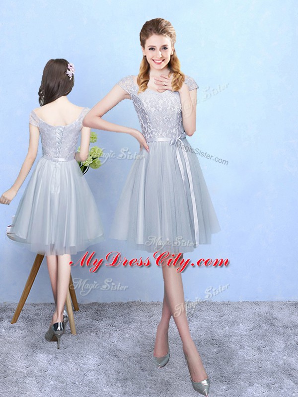 Custom Design Silver Cap Sleeves Knee Length Lace Lace Up Wedding Guest Dresses