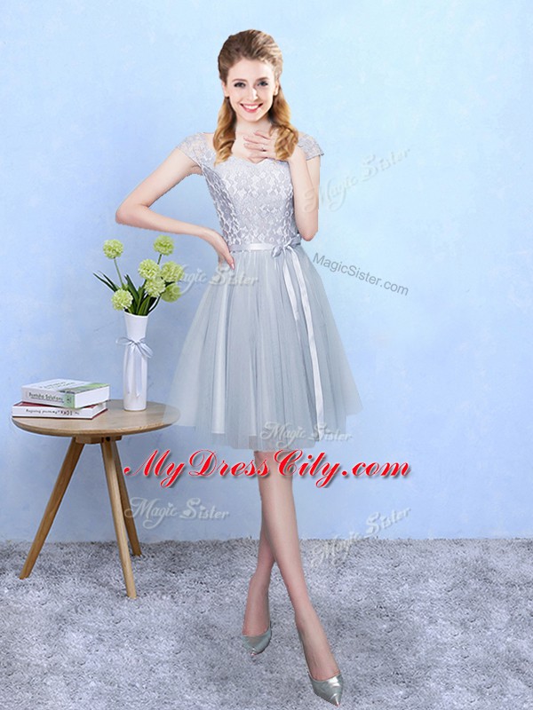 Custom Design Silver Cap Sleeves Knee Length Lace Lace Up Wedding Guest Dresses