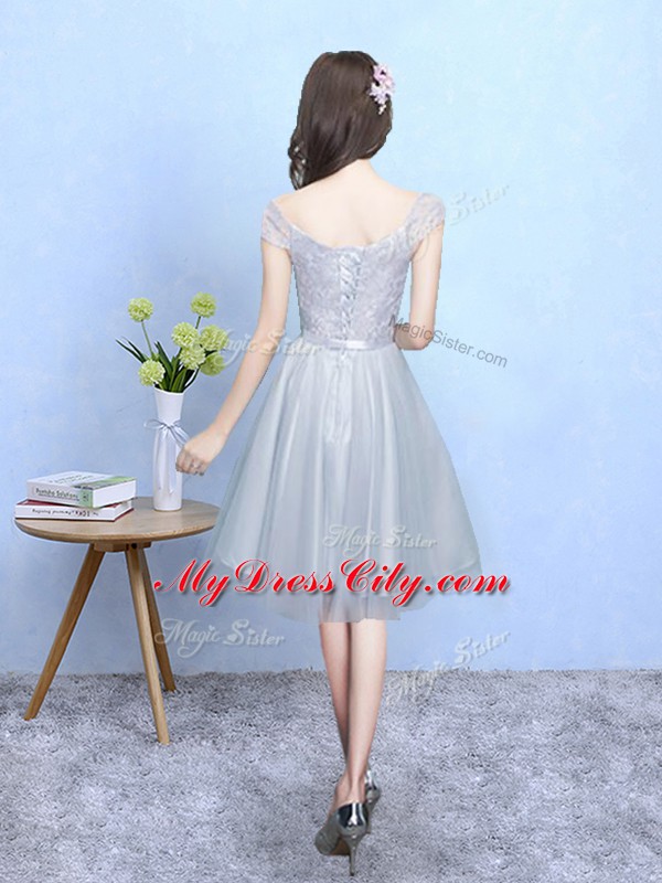 Custom Design Silver Cap Sleeves Knee Length Lace Lace Up Wedding Guest Dresses