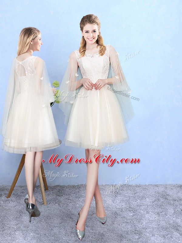 Inexpensive V-neck Cap Sleeves Lace Up Bridesmaid Gown Champagne Tulle