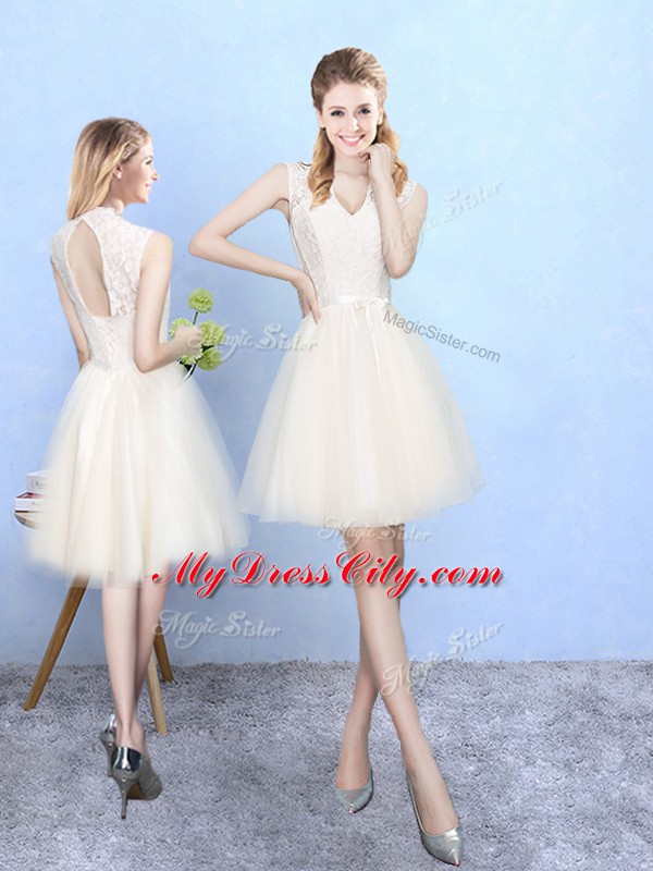 Inexpensive V-neck Cap Sleeves Lace Up Bridesmaid Gown Champagne Tulle