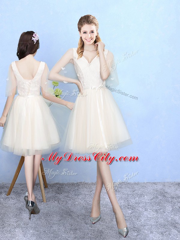 Inexpensive V-neck Cap Sleeves Lace Up Bridesmaid Gown Champagne Tulle