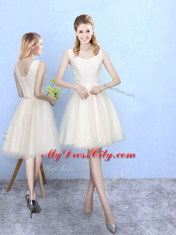 Inexpensive V-neck Cap Sleeves Lace Up Bridesmaid Gown Champagne Tulle