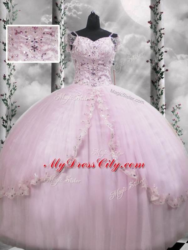 Fancy Tulle Cap Sleeves Quinceanera Dresses Brush Train and Beading and Appliques