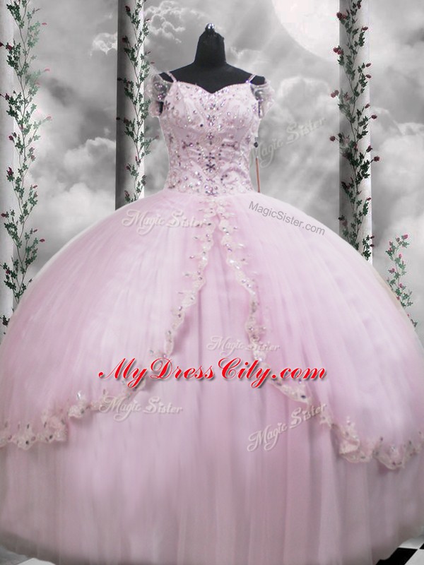 Fancy Tulle Cap Sleeves Quinceanera Dresses Brush Train and Beading and Appliques