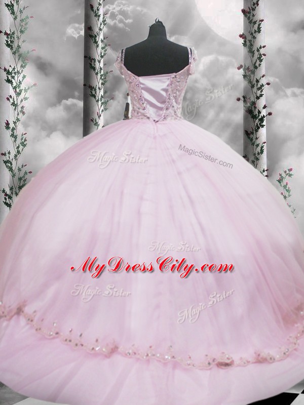 Fancy Tulle Cap Sleeves Quinceanera Dresses Brush Train and Beading and Appliques