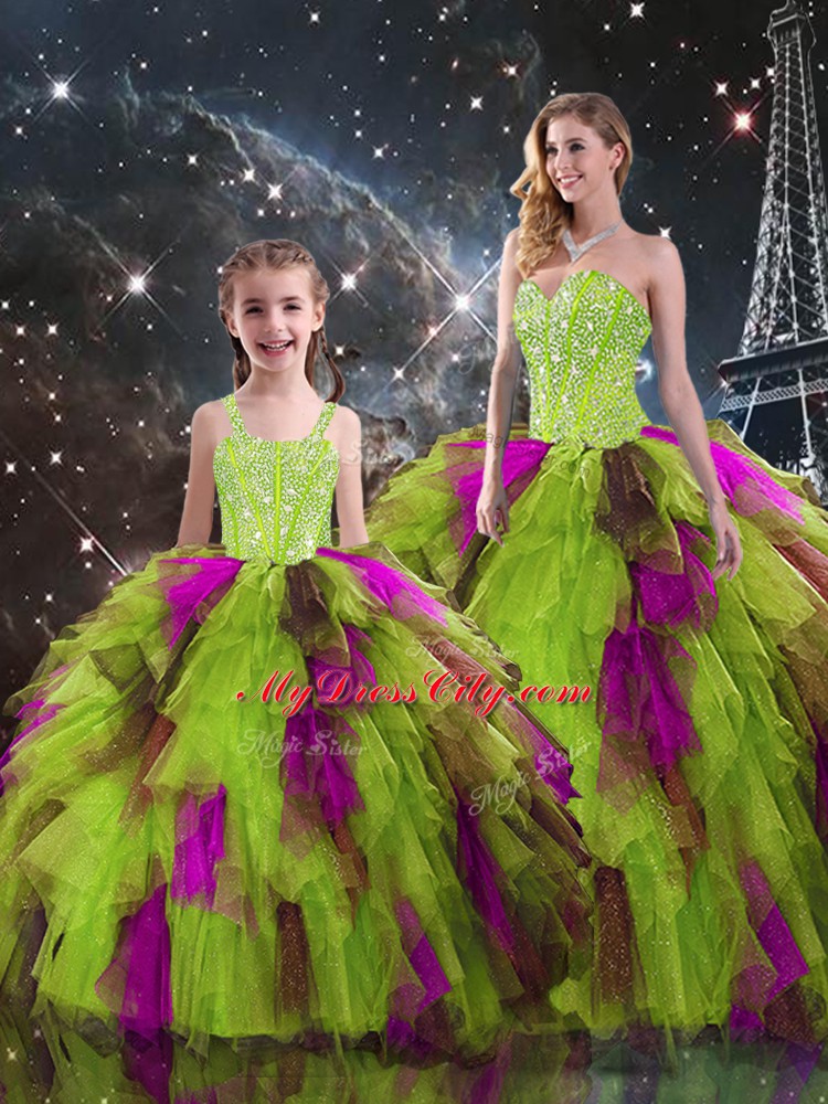 Dazzling Floor Length Multi-color 15th Birthday Dress Tulle Sleeveless Ruffled Layers