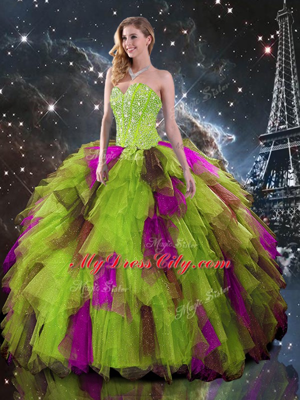 Dazzling Floor Length Multi-color 15th Birthday Dress Tulle Sleeveless Ruffled Layers