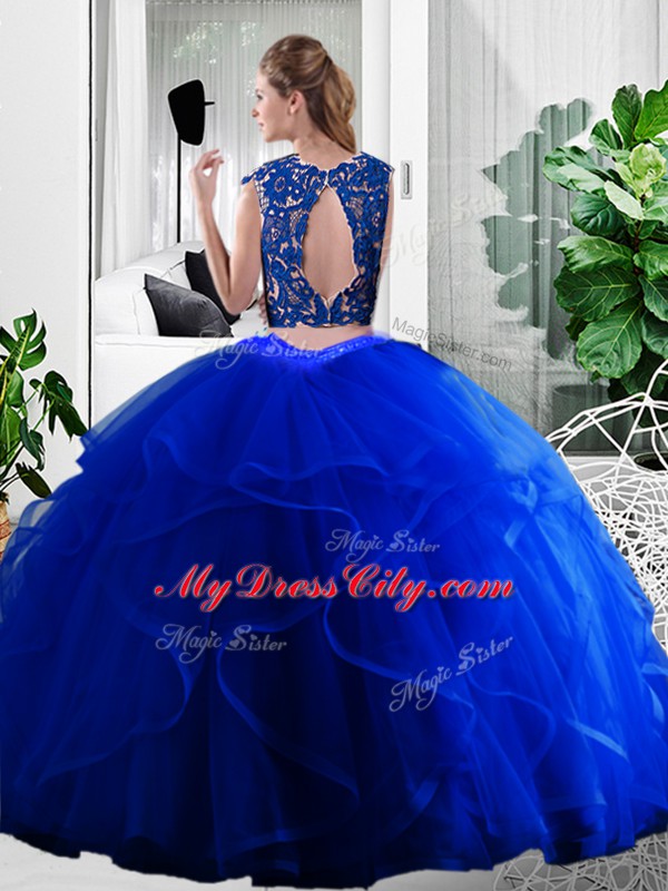 Turquoise Two Pieces Tulle Scoop Sleeveless Lace and Ruffles Floor Length Zipper Quinceanera Gown