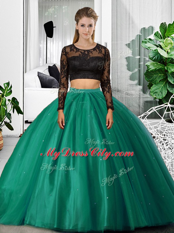 Dazzling Floor Length Dark Green Ball Gown Prom Dress Tulle Long Sleeves Lace and Ruching