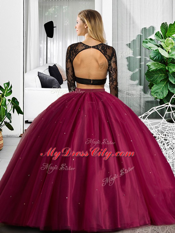 Dazzling Floor Length Dark Green Ball Gown Prom Dress Tulle Long Sleeves Lace and Ruching