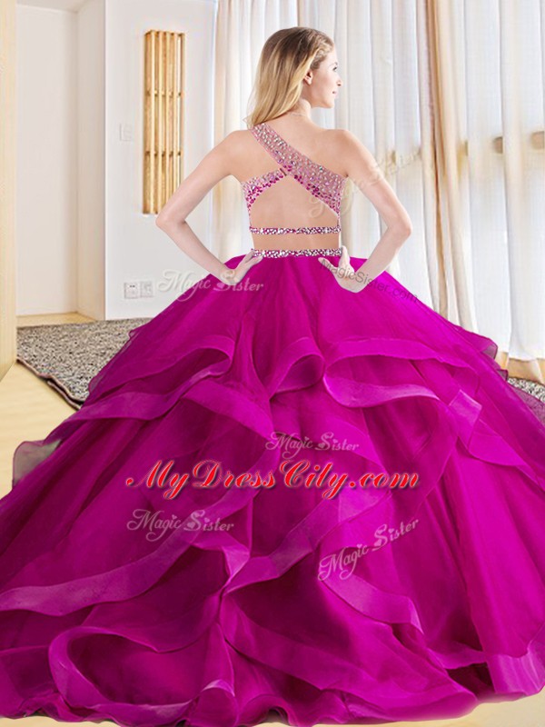 Floor Length Fuchsia Quinceanera Dresses One Shoulder Sleeveless Criss Cross